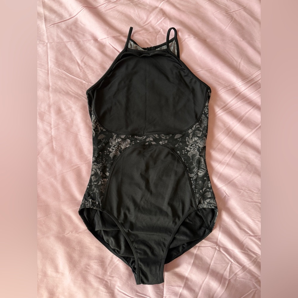 Bloch Dance Bodysuit, Black, Keyhole Back, Floral Mesh, Women’s Size Large